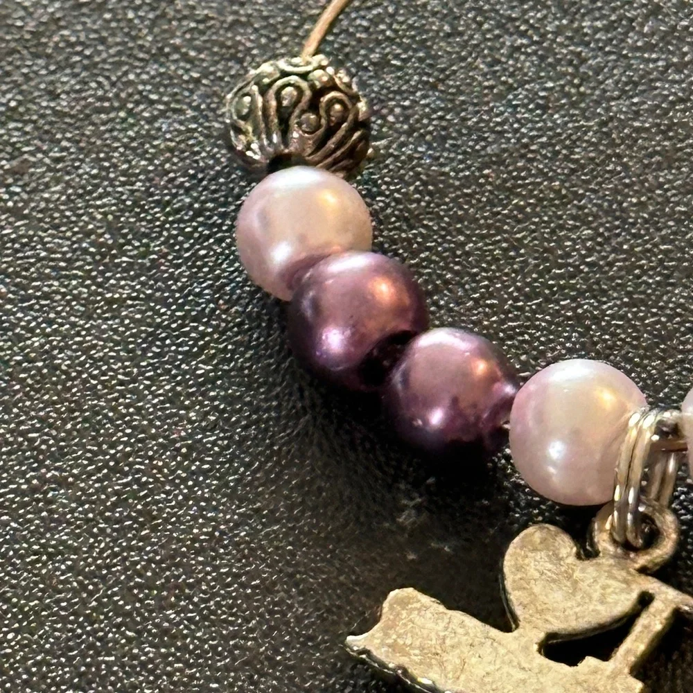 Wine glass tag, stainless steel purple/white/metal beads, Soccer charm